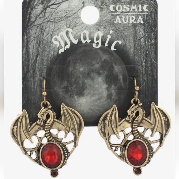 Red Gem Dragon Hook Drop Earrings Halloween 🎃 - Picture 3 of 3